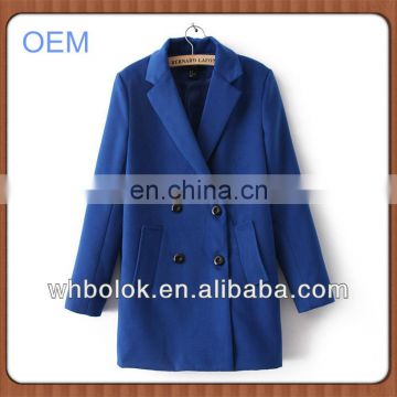 OEM fashionable ladies wind coat melton wool long blue coat