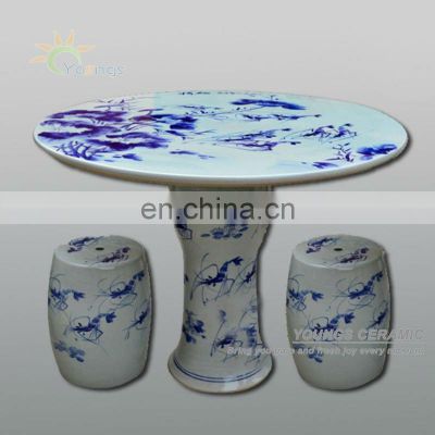 Chinese antique blue and white ceramic porcelain garden table and stool with shrimp design