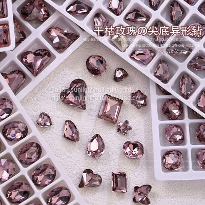 Nail dry rose crystal pointed bottom diamond jewelry super lightning plated glass nail diamond large crooked heart fat square pile diamond