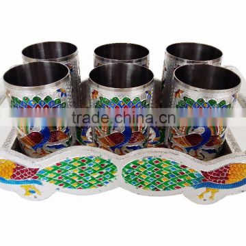 TWIN PEACOCK Designed WOODEN MEENAKARI TRAY WITH MATCHING 6-GLASSES SET - S.M.
