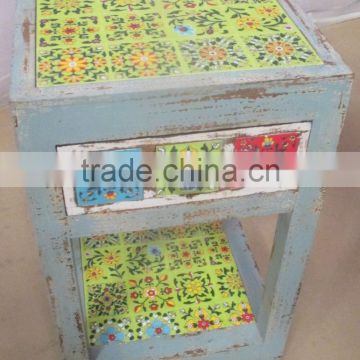 Natural 1 Drawer with Tile Fitting Wooden Bed Side Square Stool