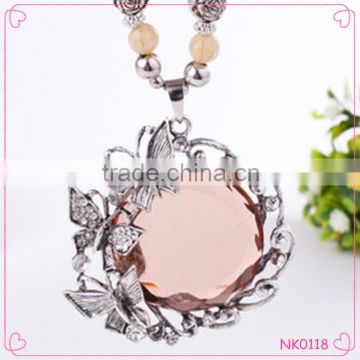 Fashion Jewelry Circle Shaped Crystal Pendant Necklace Beads Chain Long Necklace