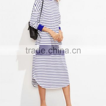 Ladies Dresses Loose Fashions Blue And White Striped Contrast Trim Drop Shoulder Straight Tee Dress