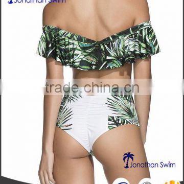 Women's fashion falbala design special one piece swimwear in nice palm print.