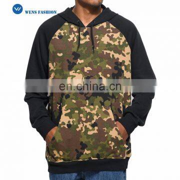 High End Custom Sublimation Printed Contrasting Black Raglan Sleeves Camo Hoodies