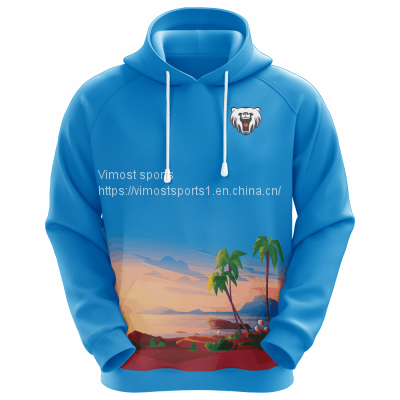 Customized Sublimation Blue Hoodie with Coconut Tree and Sea Pattern