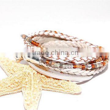 Beachy Braided White Pearl Leather and Brown Sugar Seed Bead 10-strand bracelet