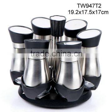 TW947T2 6pcs glass spice jar set with stainless steel casing and plastic stand
