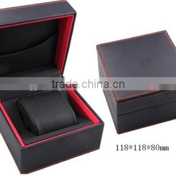black color leather watch box decorated in red leather