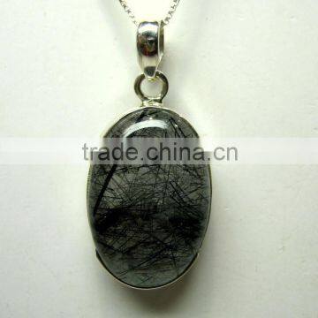 Black Rutile Oval Cabochon Pendant , 925 Solid Sterling Silver Pendant, Designer Silver Bezel Pendant