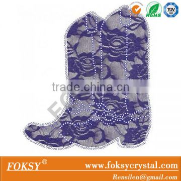 Custom design boots embroidery with rhinestone heat transfer, laser cut boots rhnestone with hotfix lace design