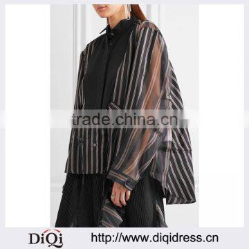 Wholesale Women Apparel Open-back Cotton-pique Twill and Sailk-organza Striped Shirt(DQE0375T)