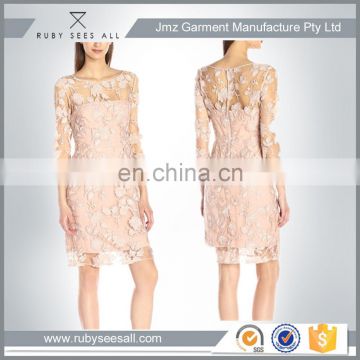 OEM 3/4 sleeve knee length dresses women white Transparent lace dresses designs 2016
