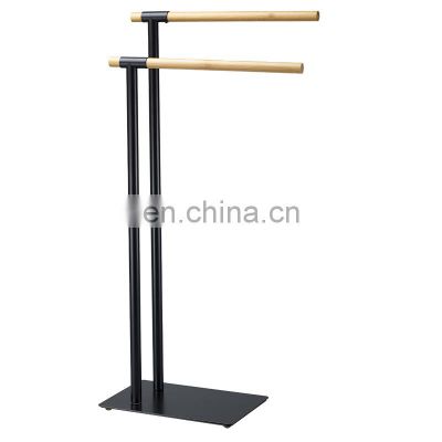 New Black Bath Towel Stand Tower Holder With Two Arms Hand Free Standing Bathroom Wooden Bamboo Towel Rack