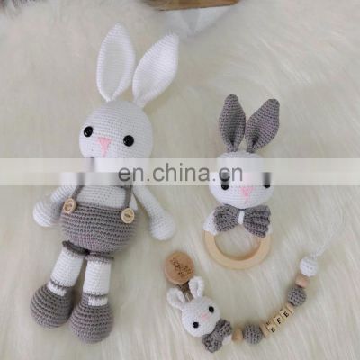Handmade Crochet bunny rattle and personalized pacifier holder set Newborn natural organic toys Vietnam Supplier Cheap Wholesale