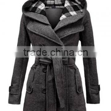 Hooded Collar Grey Belted Long Coat Women