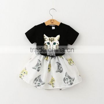 2016 summer children's clothing sets 3 d cartoon cat printed t shirt and skirt twinsets