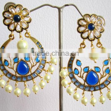 Gold plated DANGLER BLUE WHITE PEARL CHAND BALI earrings