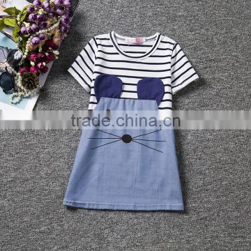summer little girl dress striped demin stitching dress short sleeve cartoon dress baby colthes#A00296
