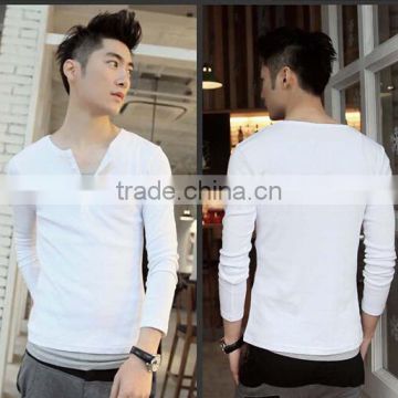 2015 cheap price cotton plain white polo t-shirt for men/men's solid polo/V neck button long sleeve shirts