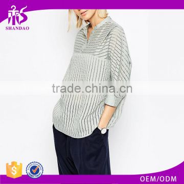 2016 Guangzhou Shandao Factory New Sample Casual Design 3/4 Sleeve Loose Striped Stand Collar Chiffon Ladies Western Blouse