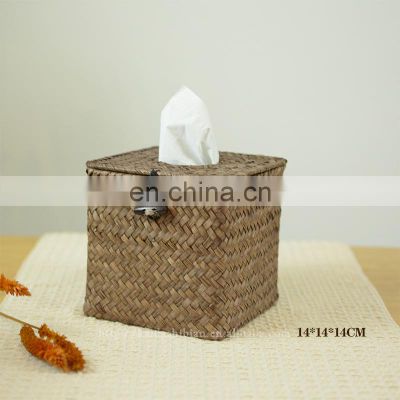 Renel Custom Eco-friendly Palm Leaf Woven Home Paper Container Holder Square Tissue Box