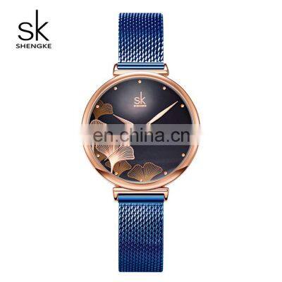 SHENGKE Fashion Lady Watch Unique Ginkgo Leaf Dial Stainless Steel Milan Mesh Band Japanese Quartz Movement K0139L