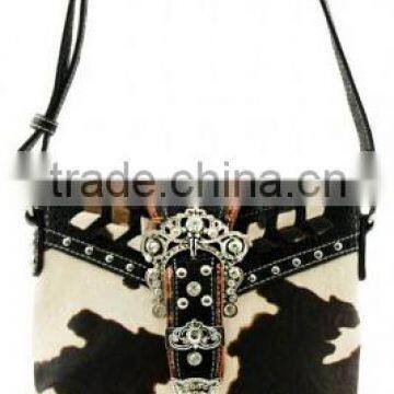 Wholesale Rhinestone Buckle Design Cow Print Black Sling Purse