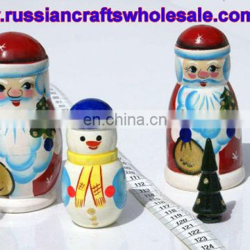 Dez Moroz and New Year Tree, Russian Stacking Dolls Wooden Matrioshka with Ethnic Ornament, Wood Folk Art and Crafts Wholesale