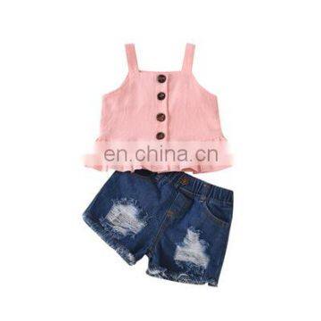 2020 Kids Girl Suit Sleeves Tops + Denim Shorts Children Girl Outdoor Clothing set