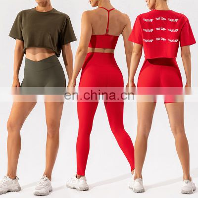 2023 Sexy Workout Thin Strap Bra V Cut Cross Waist Shorts Leggings Crop Top 5 Piece Gym Fitness Wear Yoga Suit Set For Women