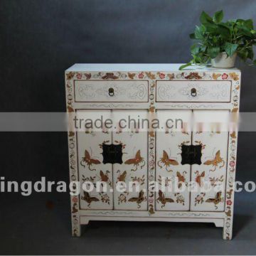 Chinese antique furniture pine wood White & golden four door two drawer painting butterfly cabinet