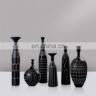 Retro Geometric Egyptian Style Handmade Black Flower Arrangement Ceramic Vase for Home Decoration