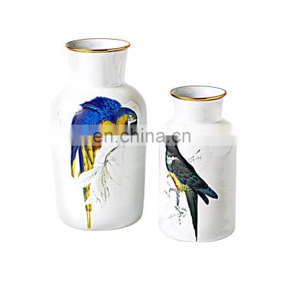 Wholesale Modern Parrot Art Painting White Porcelain Ceramic Vase for HomeTable Decor