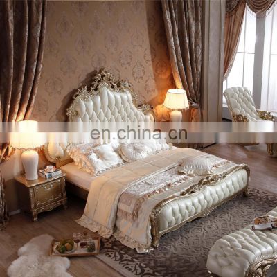 Luxury European bedroom furniture Classic Leather Wooden Bed frame Bedroom sets