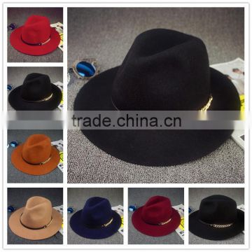 Link Chain Ribbon Decorated Wide Brim Jaz Vintage Wool Felt Man Fedora Hat                        
                                                Quality Choice
