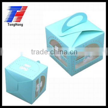 blue paper box with handle and PVC for cake