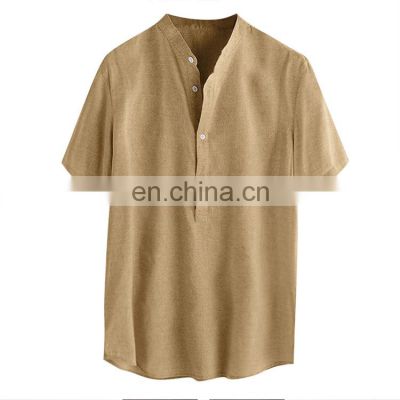 Men Polyester Cotton Long Short Sleeve Brown Solid Color Men's Hemp T-shirts