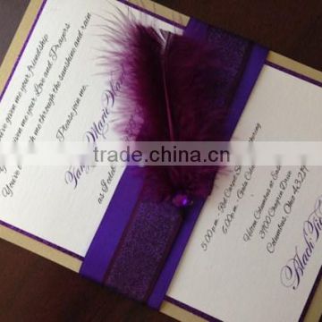 luxury rhinstone wedding invitation card with purple feather decoration