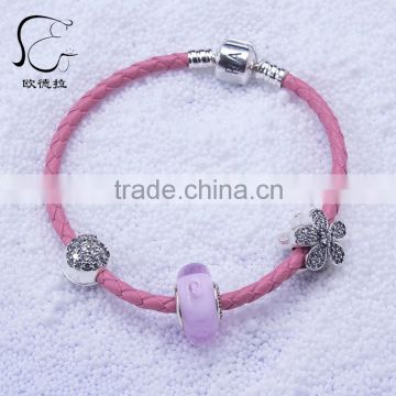 EULPK Wholesale 925 Sterling Silver slasp 3mm pink Leather bracelet