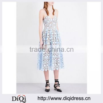 Customized Lady Apparel Pleated Back-exposed zip Floral Guipure Lace Midi Dress(DQM007D)