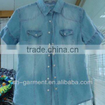 womans blue short sleeve shirt with two chest pockets 22