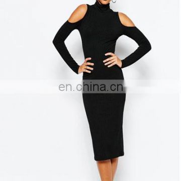 High neck Cold shoulder knit rib black dress in long sleeves design