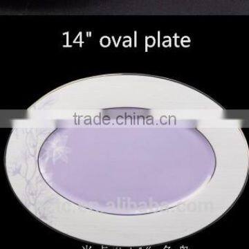 Bone china oval plate with moist purple hibiscus