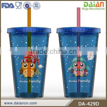 OEM promotional double wall plastic travel mug with lid and straw