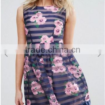 Floral Print pattern Stripe Organza Sleeveless Dress/women dress/clothing