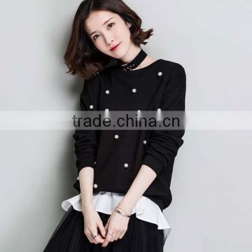 2017 New design black short sweater spring fashion women sweater with pearl and detachable hem-line
