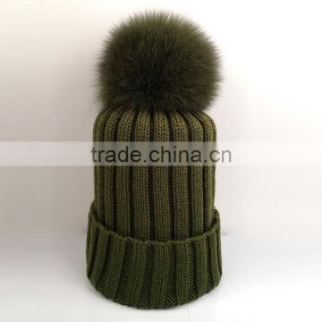 Myfur Custom Fox Fur Pom Pom Winter Knitted Beanie Hat for Adults