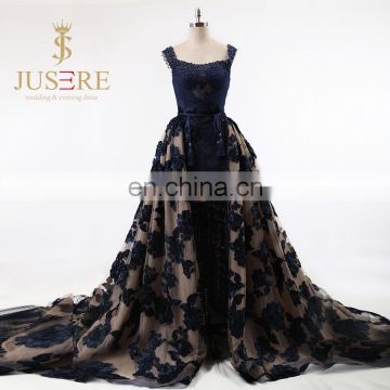 Newest Puffy Long Train Square Neckline and Back Sleeveless Pearls Beaded Navy Blue Evening Dresses 2016