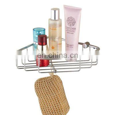 Wall Mounted 304 Stainless Steel Single Storage Shower Caddy Bath Organizer Shelf Bathroom Corner Basket Rack with Hook